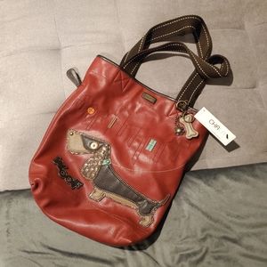 Chala Handbag. Burgundy, "Woof", dog shoulder bag.